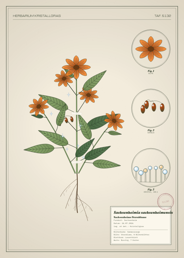 Botanische Tafel: Sachsenheimia sachsenheimensis, eine erfundene Pflanze aus Sachsenheim, gezeichnet wie in einem alten Pflanzenatlas