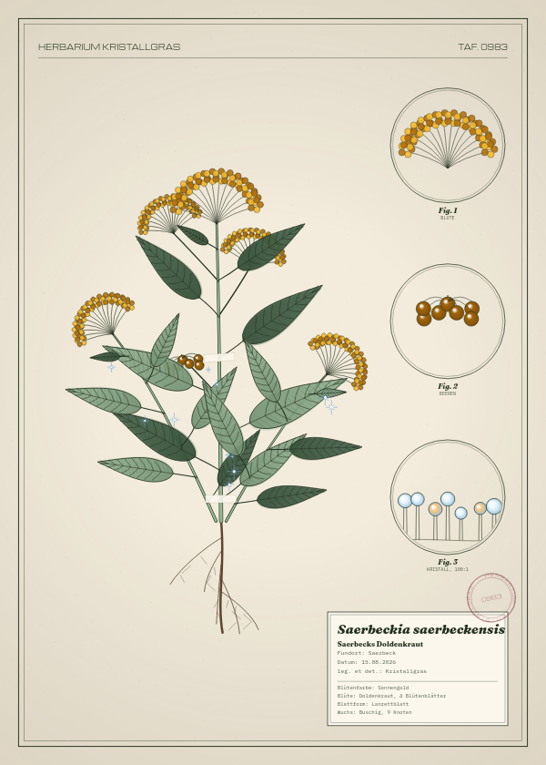 Botanische Tafel: Saerbeckia saerbeckensis, eine erfundene Pflanze aus Saerbeck, gezeichnet wie in einem alten Pflanzenatlas