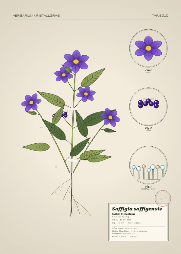 Botanische Tafel: Saffigia saffigensis, eine erfundene Pflanze aus Saffig, gezeichnet wie in einem alten Pflanzenatlas