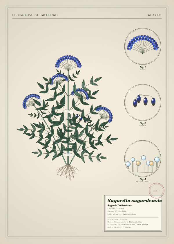 Botanische Tafel: Sagardia sagardensis, eine erfundene Pflanze aus Sagard, gezeichnet wie in einem alten Pflanzenatlas