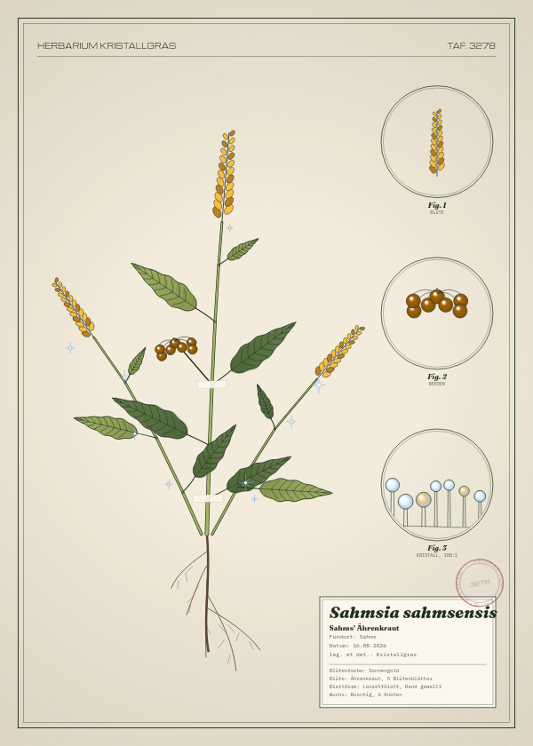 Botanische Tafel: Sahmsia sahmsensis, eine erfundene Pflanze aus Sahms, gezeichnet wie in einem alten Pflanzenatlas