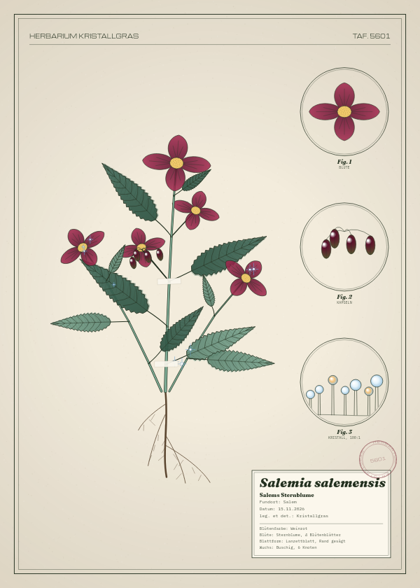 Botanische Tafel: Salemia salemensis, eine erfundene Pflanze aus Salem, gezeichnet wie in einem alten Pflanzenatlas