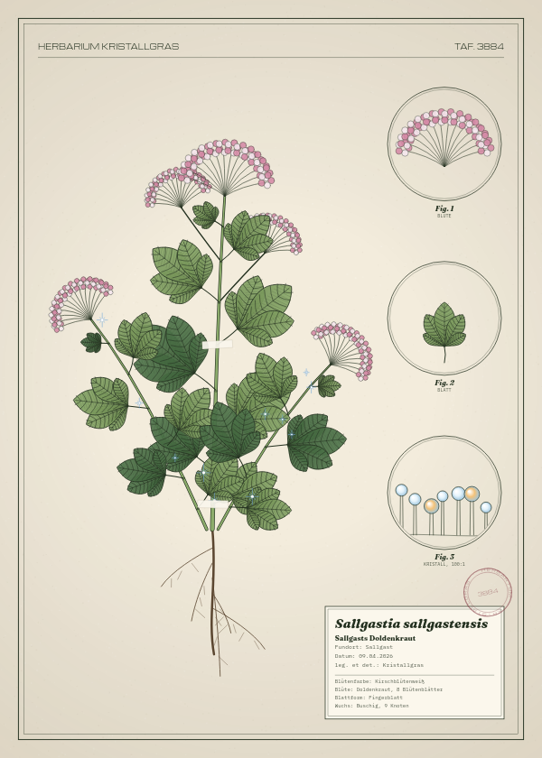 Botanische Tafel: Sallgastia sallgastensis, eine erfundene Pflanze aus Sallgast, gezeichnet wie in einem alten Pflanzenatlas