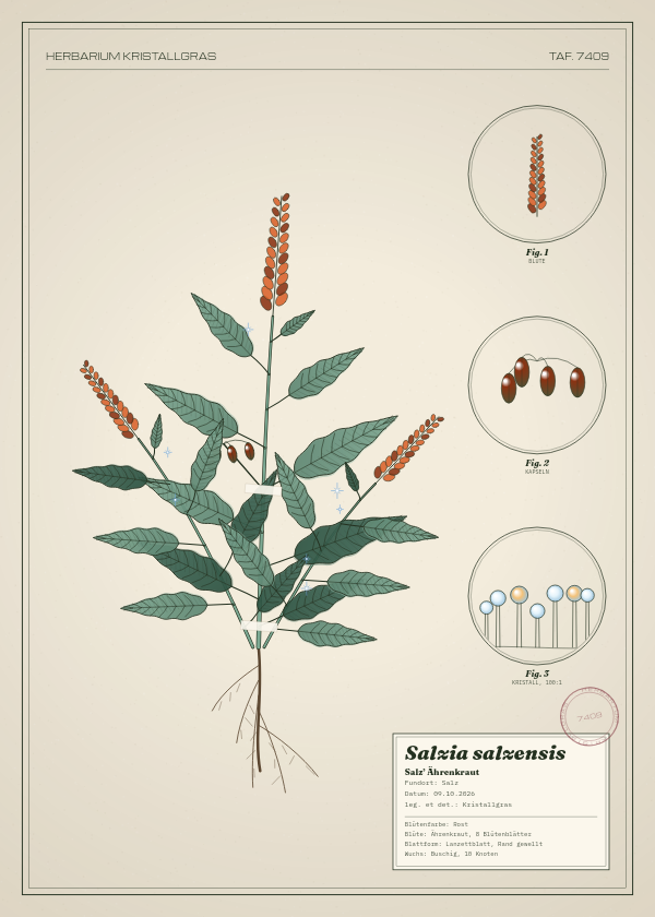 Botanische Tafel: Salzia salzensis, eine erfundene Pflanze aus Salz, gezeichnet wie in einem alten Pflanzenatlas