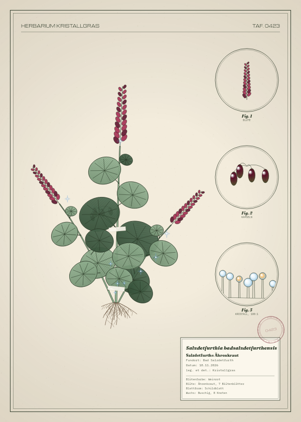 Botanische Tafel: Salzdetfurthia badsalzdetfurthensis, eine erfundene Pflanze aus Bad Salzdetfurth, gezeichnet wie in einem alten Pflanzenatlas
