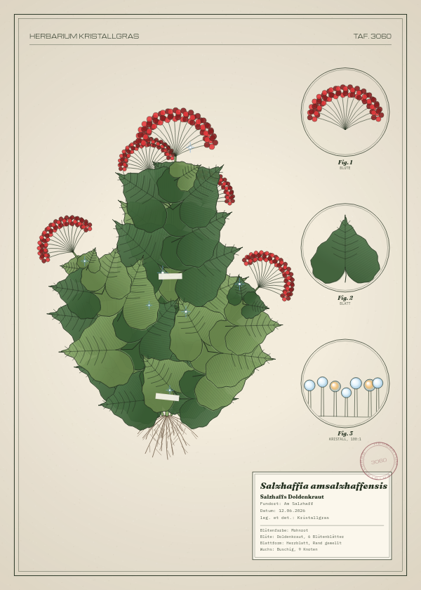 Botanische Tafel: Salzhaffia amsalzhaffensis, eine erfundene Pflanze aus Am Salzhaff, gezeichnet wie in einem alten Pflanzenatlas