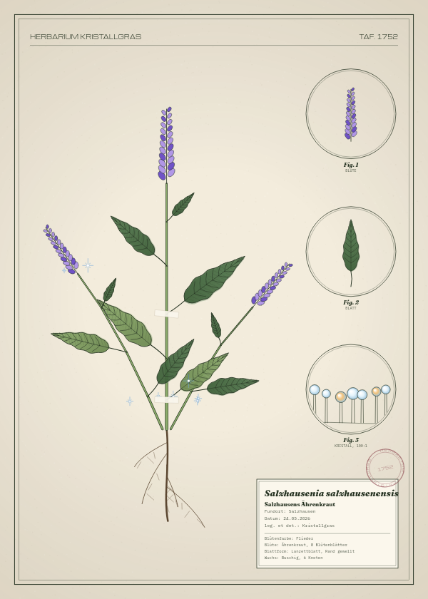 Botanische Tafel: Salzhausenia salzhausenensis, eine erfundene Pflanze aus Salzhausen, gezeichnet wie in einem alten Pflanzenatlas