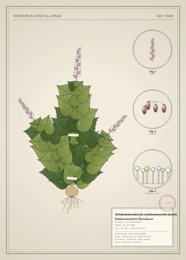 Botanische Tafel: Salzhemmendorfia salzhemmendorfensis, eine erfundene Pflanze aus Salzhemmendorf, gezeichnet wie in einem alten Pflanzenatlas