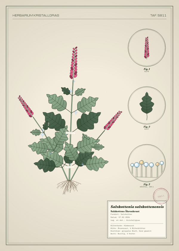 Botanische Tafel: Salzkottenia salzkottenensis, eine erfundene Pflanze aus Salzkotten, gezeichnet wie in einem alten Pflanzenatlas