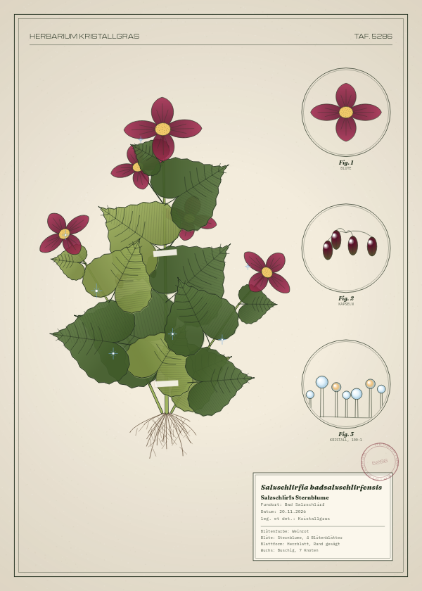 Botanische Tafel: Salzschlirfia badsalzschlirfensis, eine erfundene Pflanze aus Bad Salzschlirf, gezeichnet wie in einem alten Pflanzenatlas