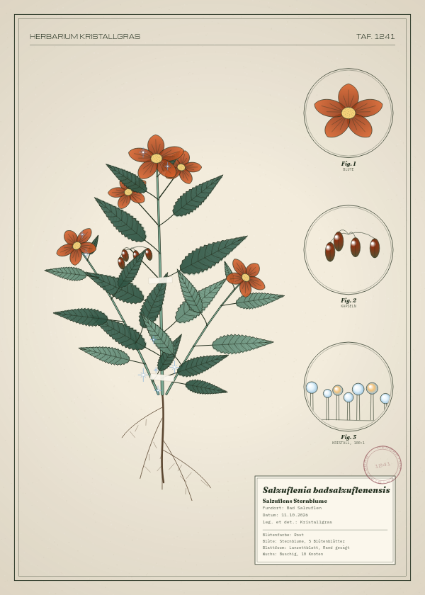 Botanische Tafel: Salzuflenia badsalzuflenensis, eine erfundene Pflanze aus Bad Salzuflen, gezeichnet wie in einem alten Pflanzenatlas