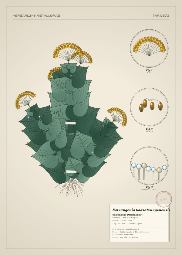 Botanische Tafel: Salzungenia badsalzungenensis, eine erfundene Pflanze aus Bad Salzungen, gezeichnet wie in einem alten Pflanzenatlas