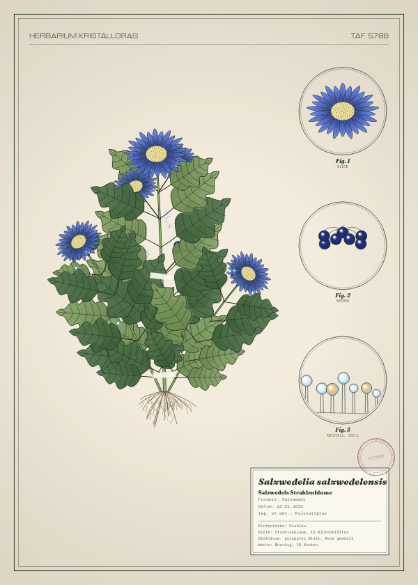 Botanische Tafel: Salzwedelia salzwedelensis, eine erfundene Pflanze aus Salzwedel, gezeichnet wie in einem alten Pflanzenatlas