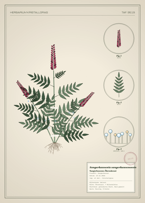 Botanische Tafel: Sangerhausenia sangerhausenensis, eine erfundene Pflanze aus Sangerhausen, gezeichnet wie in einem alten Pflanzenatlas