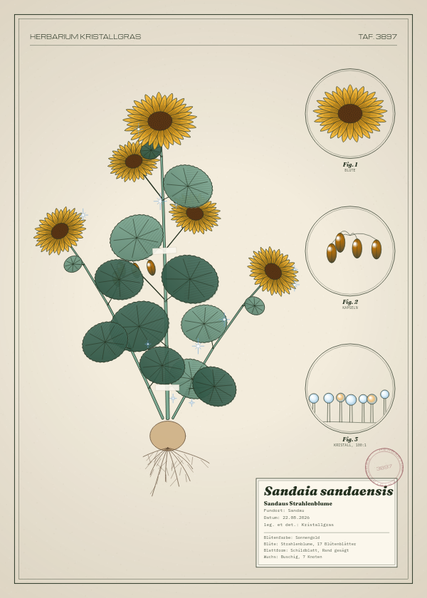 Botanische Tafel: Sandaia sandaensis, eine erfundene Pflanze aus Sandau, gezeichnet wie in einem alten Pflanzenatlas