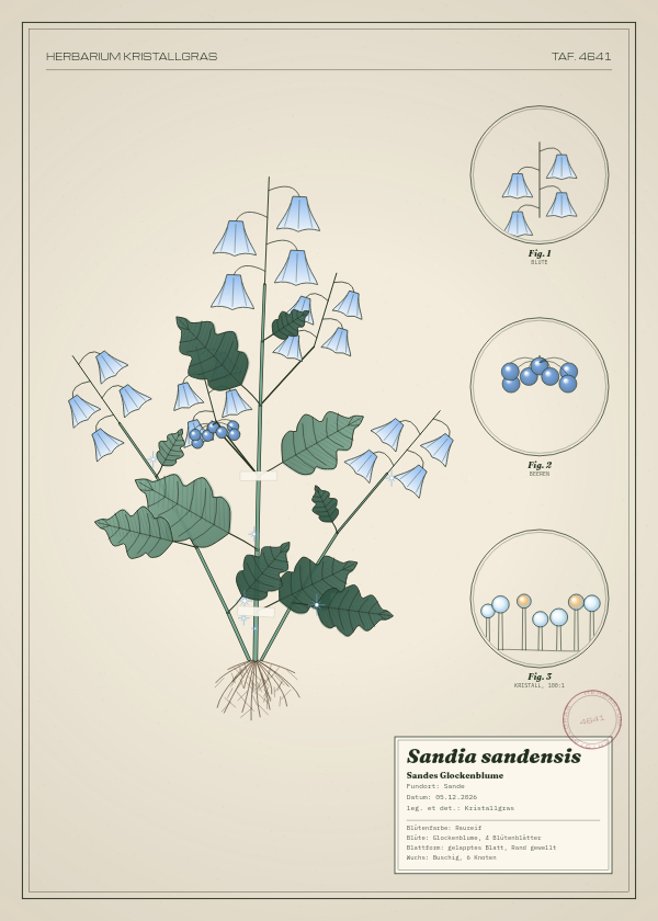Botanische Tafel: Sandia sandensis, eine erfundene Pflanze aus Sande, gezeichnet wie in einem alten Pflanzenatlas