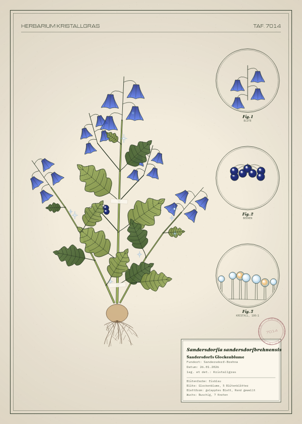 Botanische Tafel: Sandersdorfia sandersdorfbrehnensis, eine erfundene Pflanze aus Sandersdorf-Brehna, gezeichnet wie in einem alten Pflanzenatlas