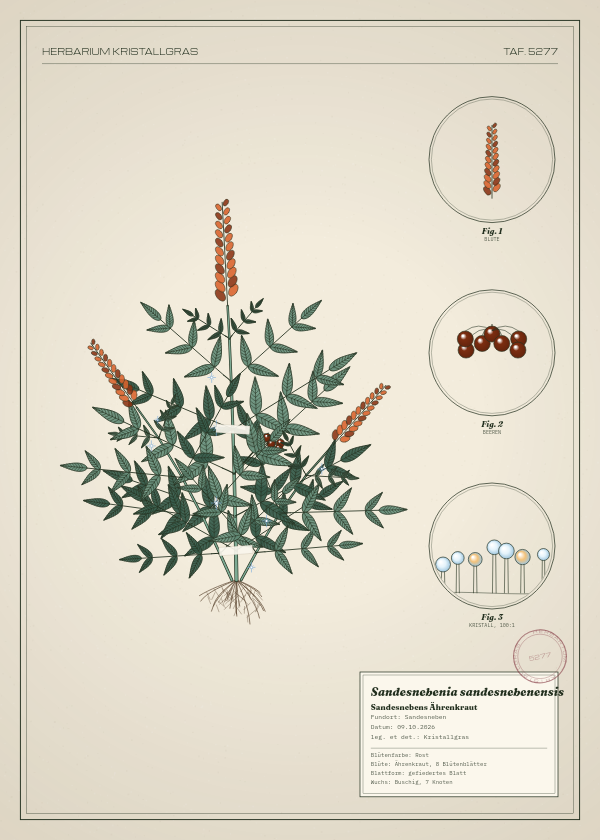 Botanische Tafel: Sandesnebenia sandesnebenensis, eine erfundene Pflanze aus Sandesneben, gezeichnet wie in einem alten Pflanzenatlas