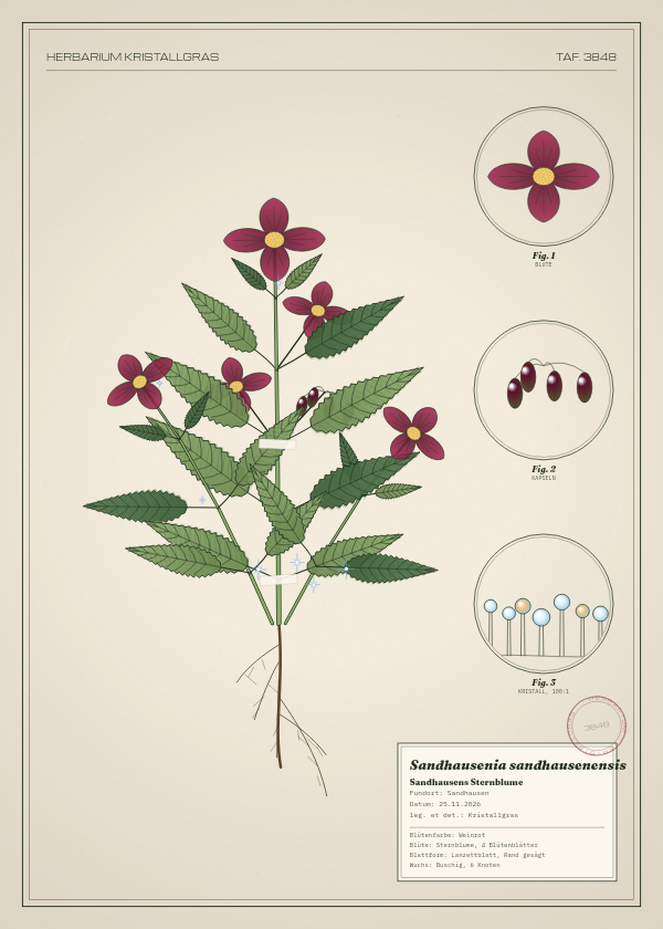 Botanische Tafel: Sandhausenia sandhausenensis, eine erfundene Pflanze aus Sandhausen, gezeichnet wie in einem alten Pflanzenatlas