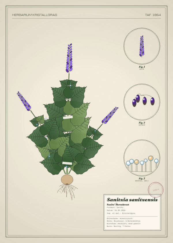 Botanische Tafel: Sanitzia sanitzensis, eine erfundene Pflanze aus Sanitz, gezeichnet wie in einem alten Pflanzenatlas