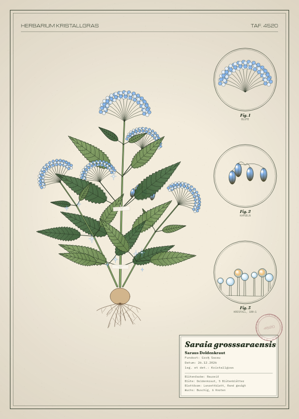 Botanische Tafel: Saraia grosssaraensis, eine erfundene Pflanze aus Groß Sarau, gezeichnet wie in einem alten Pflanzenatlas