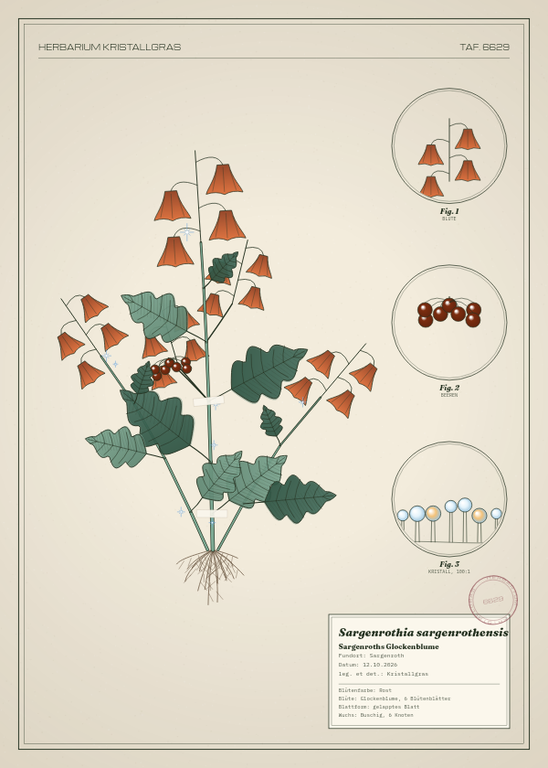 Botanische Tafel: Sargenrothia sargenrothensis, eine erfundene Pflanze aus Sargenroth, gezeichnet wie in einem alten Pflanzenatlas