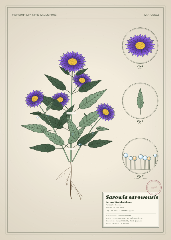 Botanische Tafel: Sarowia sarowensis, eine erfundene Pflanze aus Sarow, gezeichnet wie in einem alten Pflanzenatlas