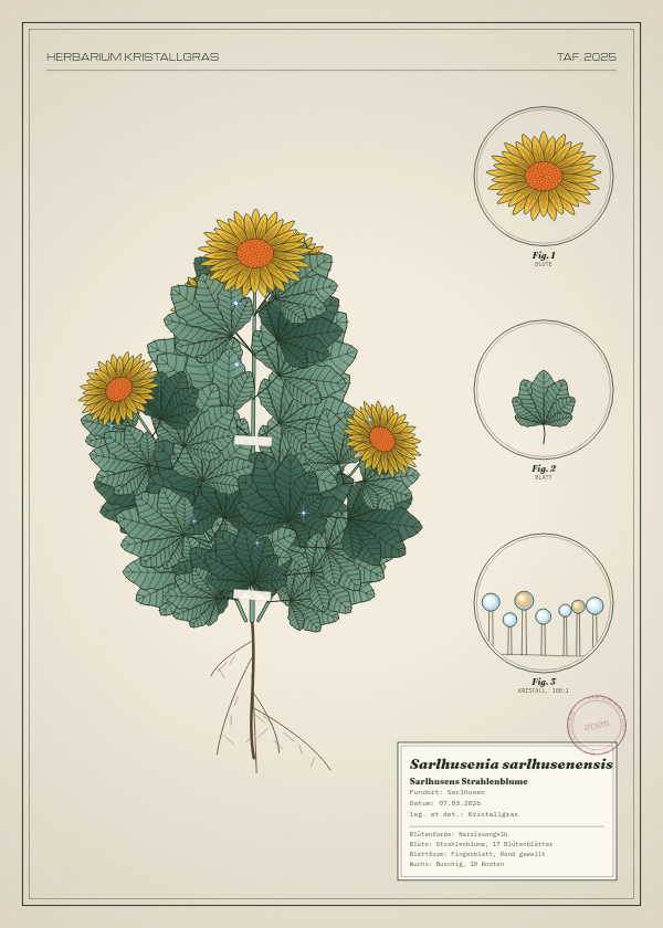 Botanische Tafel: Sarlhusenia sarlhusenensis, eine erfundene Pflanze aus Sarlhusen, gezeichnet wie in einem alten Pflanzenatlas