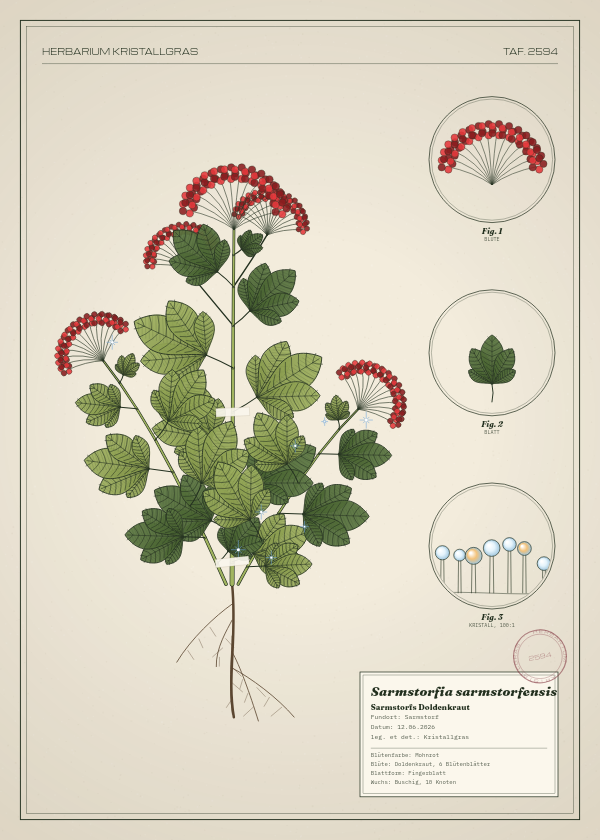 Botanische Tafel: Sarmstorfia sarmstorfensis, eine erfundene Pflanze aus Sarmstorf, gezeichnet wie in einem alten Pflanzenatlas