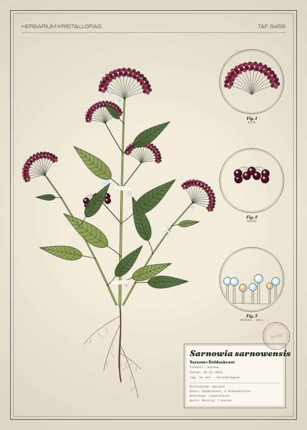 Botanische Tafel: Sarnowia sarnowensis, eine erfundene Pflanze aus Sarnow, gezeichnet wie in einem alten Pflanzenatlas