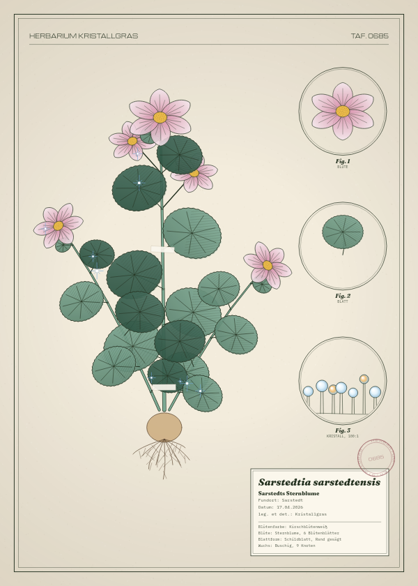 Botanische Tafel: Sarstedtia sarstedtensis, eine erfundene Pflanze aus Sarstedt, gezeichnet wie in einem alten Pflanzenatlas