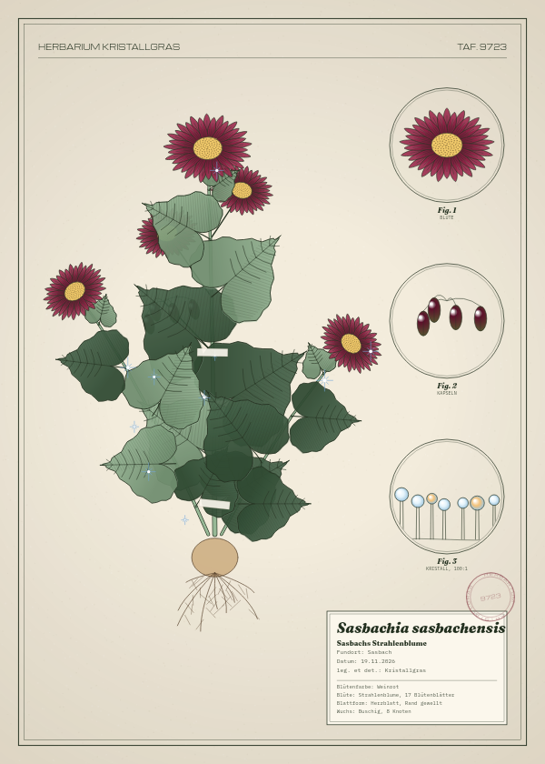 Botanische Tafel: Sasbachia sasbachensis, eine erfundene Pflanze aus Sasbach, gezeichnet wie in einem alten Pflanzenatlas