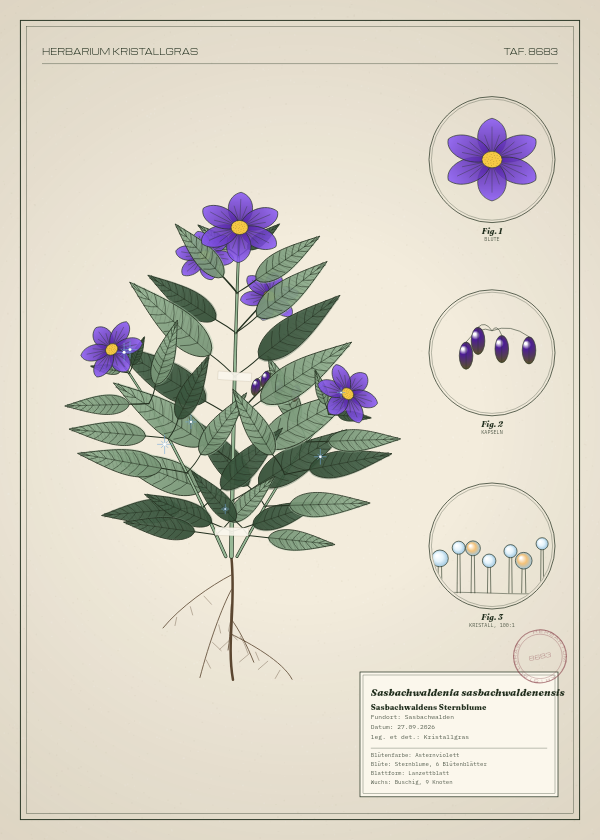 Botanische Tafel: Sasbachwaldenia sasbachwaldenensis, eine erfundene Pflanze aus Sasbachwalden, gezeichnet wie in einem alten Pflanzenatlas