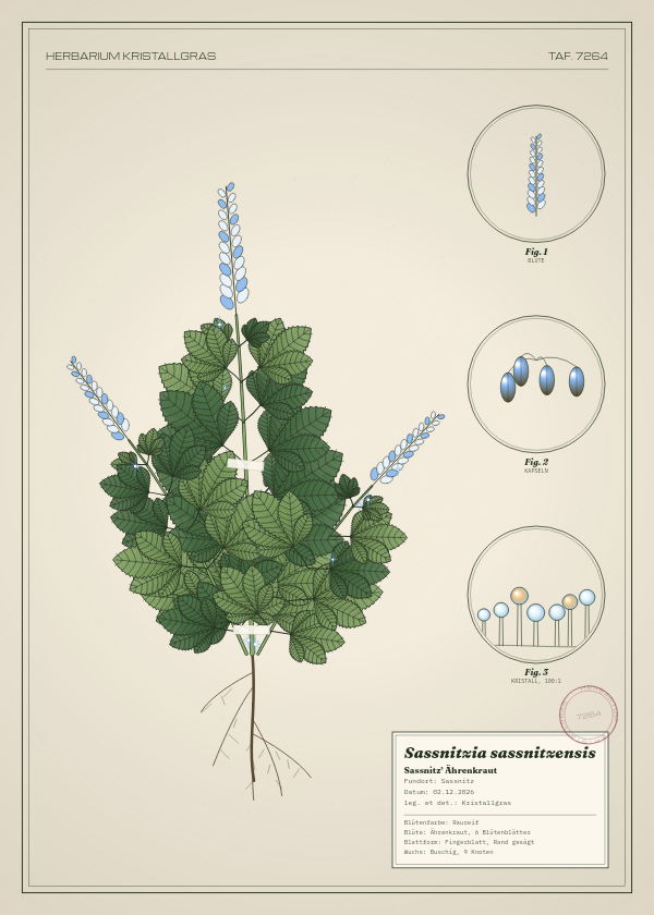 Botanische Tafel: Sassnitzia sassnitzensis, eine erfundene Pflanze aus Sassnitz, gezeichnet wie in einem alten Pflanzenatlas