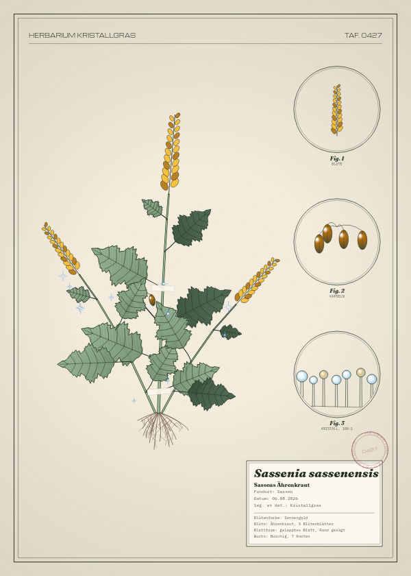 Botanische Tafel: Sassenia sassenensis, eine erfundene Pflanze aus Sassen, gezeichnet wie in einem alten Pflanzenatlas