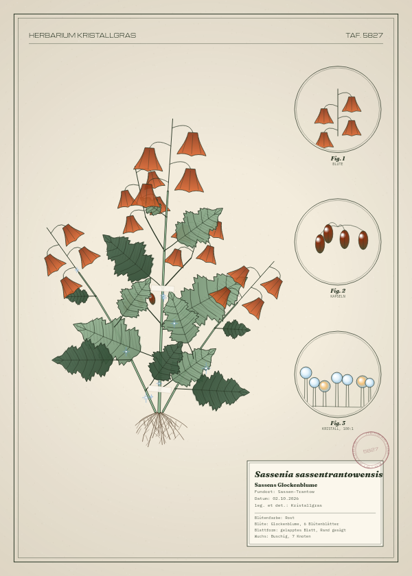 Botanische Tafel: Sassenia sassentrantowensis, eine erfundene Pflanze aus Sassen-Trantow, gezeichnet wie in einem alten Pflanzenatlas