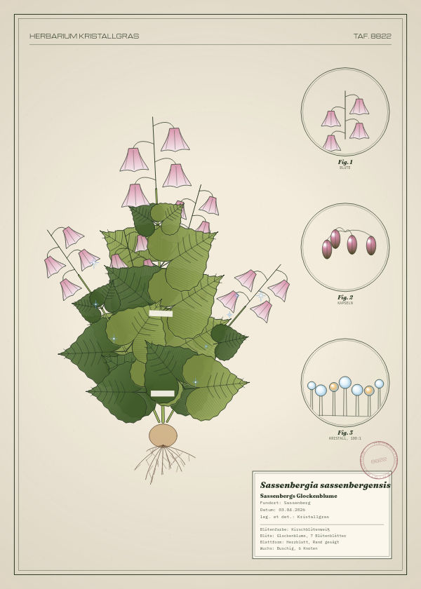Botanische Tafel: Sassenbergia sassenbergensis, eine erfundene Pflanze aus Sassenberg, gezeichnet wie in einem alten Pflanzenatlas