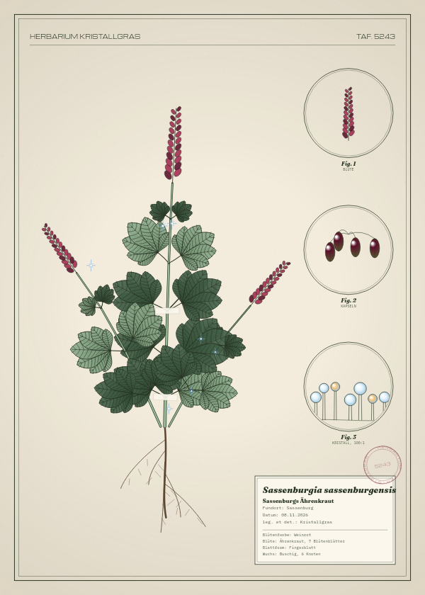 Botanische Tafel: Sassenburgia sassenburgensis, eine erfundene Pflanze aus Sassenburg, gezeichnet wie in einem alten Pflanzenatlas