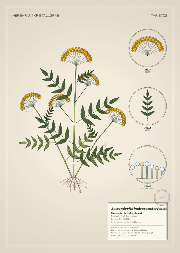 Botanische Tafel: Sassendorfia badsassendorfensis, eine erfundene Pflanze aus Bad Sassendorf, gezeichnet wie in einem alten Pflanzenatlas
