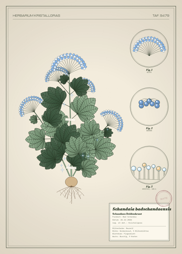 Botanische Tafel: Schandaia badschandaensis, eine erfundene Pflanze aus Bad Schandau, gezeichnet wie in einem alten Pflanzenatlas