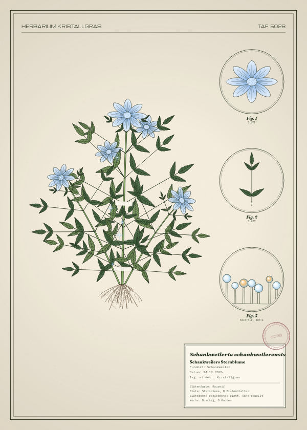 Botanische Tafel: Schankweileria schankweilerensis, eine erfundene Pflanze aus Schankweiler, gezeichnet wie in einem alten Pflanzenatlas