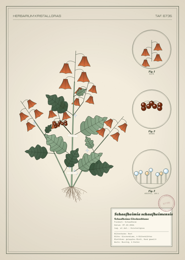 Botanische Tafel: Schaafheimia schaafheimensis, eine erfundene Pflanze aus Schaafheim, gezeichnet wie in einem alten Pflanzenatlas
