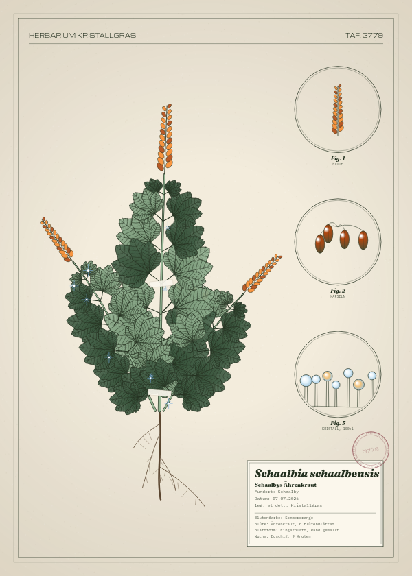 Botanische Tafel: Schaalbia schaalbensis, eine erfundene Pflanze aus Schaalby, gezeichnet wie in einem alten Pflanzenatlas