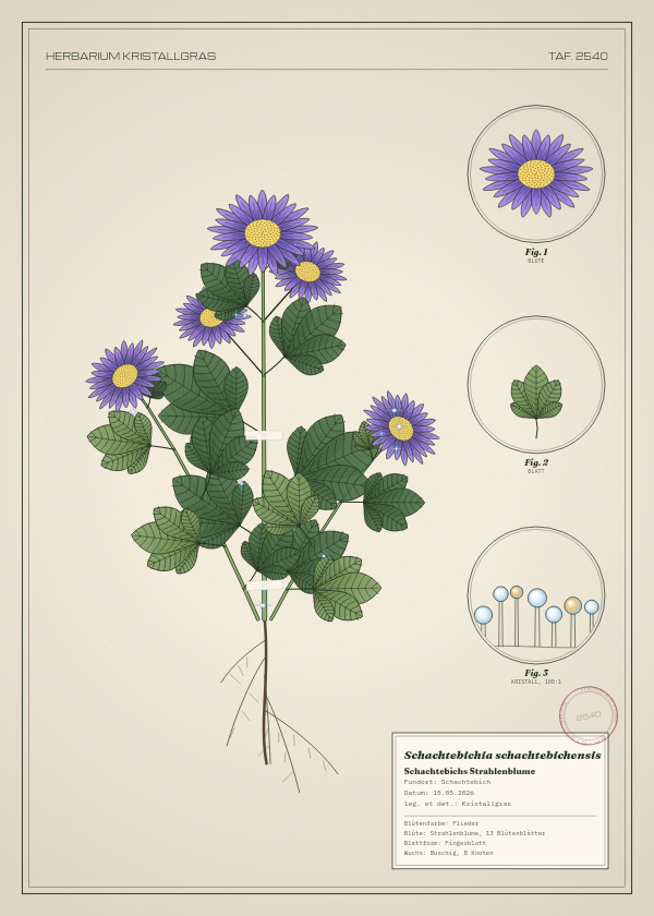 Botanische Tafel: Schachtebichia schachtebichensis, eine erfundene Pflanze aus Schachtebich, gezeichnet wie in einem alten Pflanzenatlas