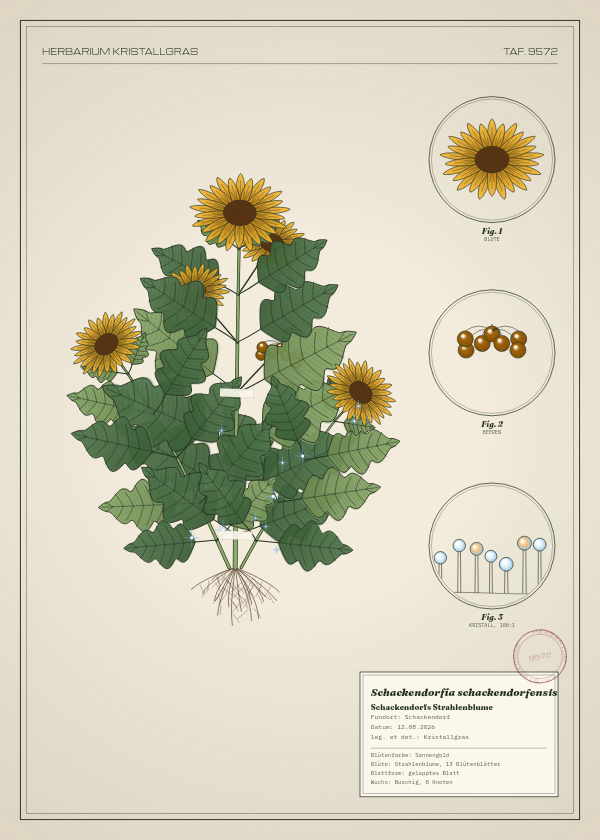 Botanische Tafel: Schackendorfia schackendorfensis, eine erfundene Pflanze aus Schackendorf, gezeichnet wie in einem alten Pflanzenatlas
