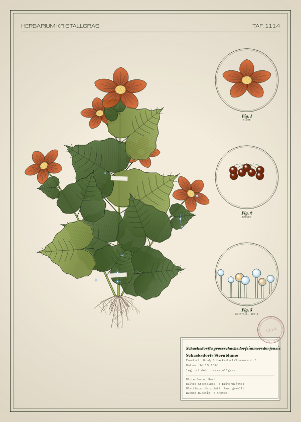 Botanische Tafel: Schacksdorfia grossschacksdorfsimmersdorfensis, eine erfundene Pflanze aus Groß Schacksdorf-Simmersdorf, gezeichnet wie in einem alten Pflanzenatlas