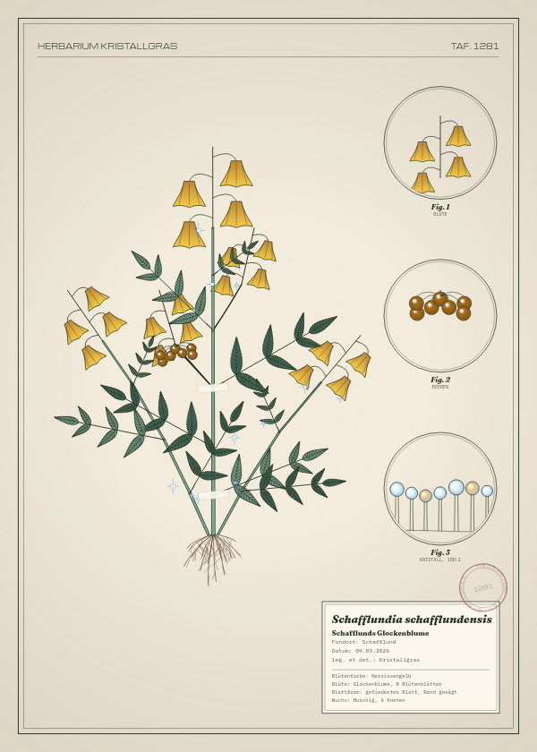 Botanische Tafel: Schafflundia schafflundensis, eine erfundene Pflanze aus Schafflund, gezeichnet wie in einem alten Pflanzenatlas