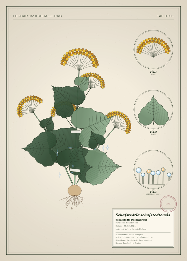 Botanische Tafel: Schafstedtia schafstedtensis, eine erfundene Pflanze aus Schafstedt, gezeichnet wie in einem alten Pflanzenatlas
