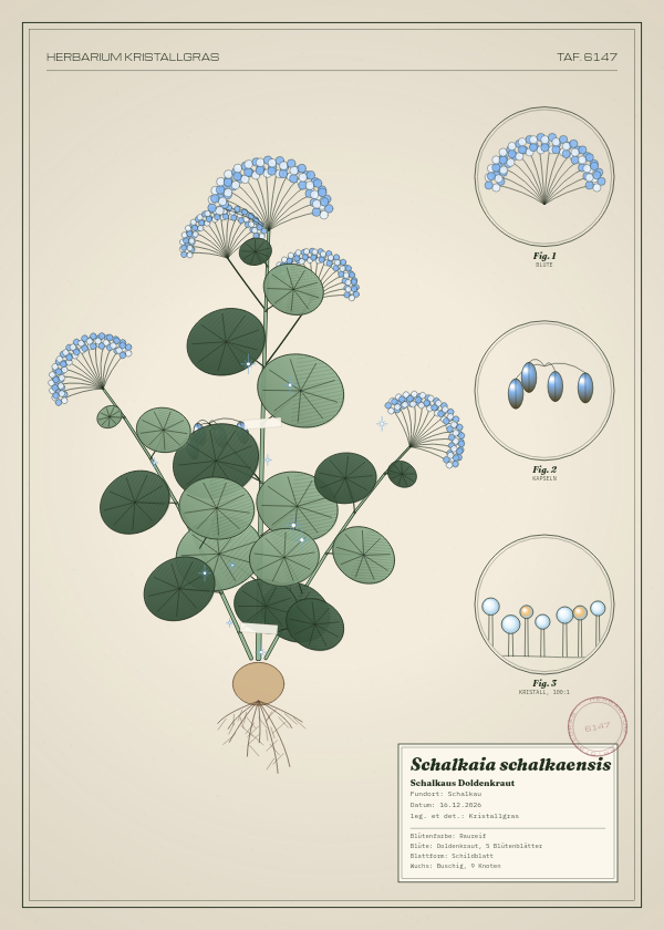 Botanische Tafel: Schalkaia schalkaensis, eine erfundene Pflanze aus Schalkau, gezeichnet wie in einem alten Pflanzenatlas