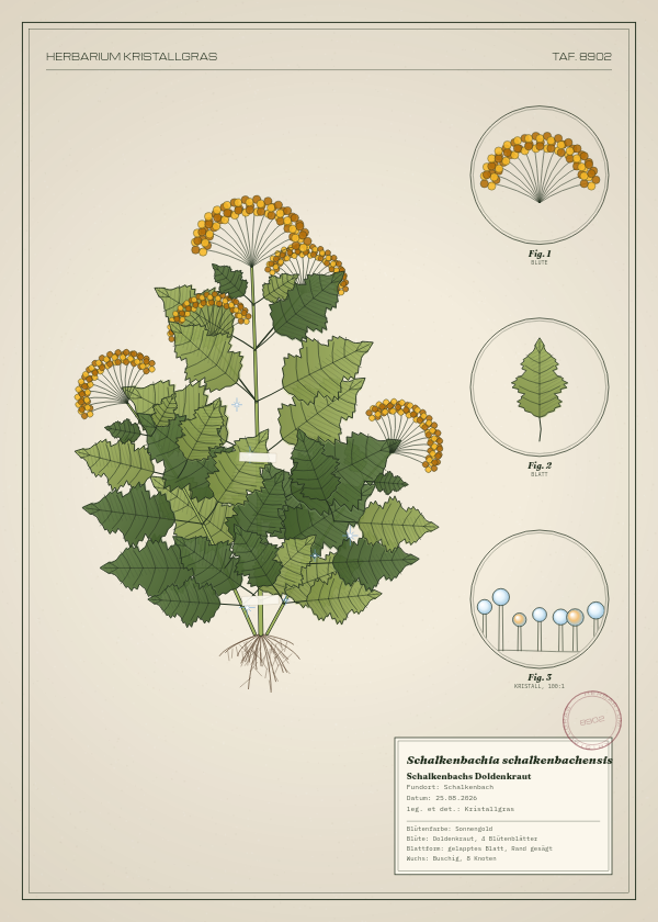 Botanische Tafel: Schalkenbachia schalkenbachensis, eine erfundene Pflanze aus Schalkenbach, gezeichnet wie in einem alten Pflanzenatlas